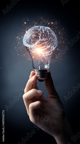 Hand holding a glowing lightbulb with a luminous brain inside and sparkling particles against a dark background
