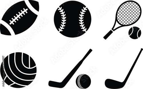 Collection of silhouetted sports balls and equipment on a white background