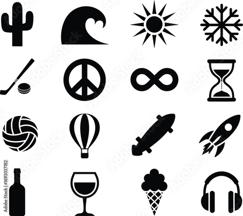 Collection of diverse black and white icons representing nature sports and leisure activities