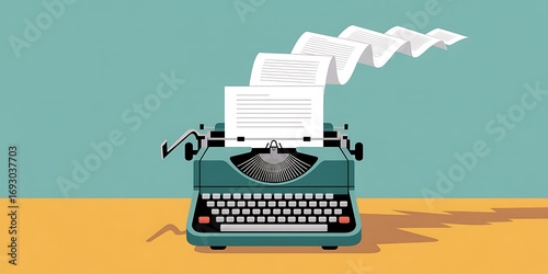 Creative storytelling unfolds with a vintage typewriter producing a flowing cascade of paper documents