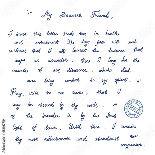 Nostalgic letter written by pen and ink. A neat cursive script with sentimental content in an old-fashioned style. Manuscript perfect for postcard decoration, invitation, vintage mail design.