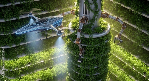 Futuristic Vertical Farm with Drone and Robotic Arms for Sustainable Agriculture