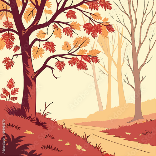 "Autumn Landscape with Trees and Winding Path – Vector Fall Nature Illustration"