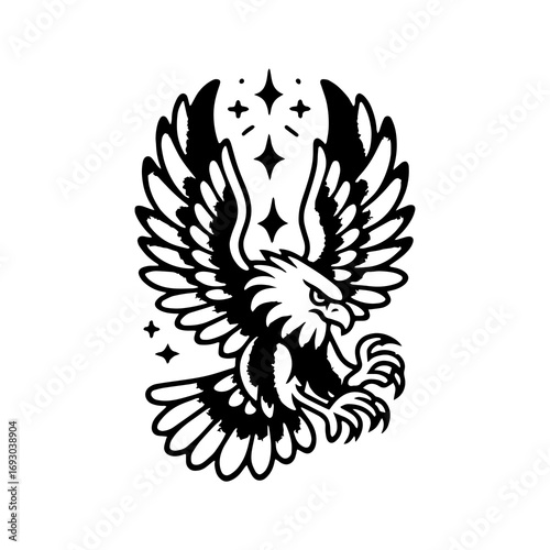 Majestic eagle soaring with wings spread wide, sharp talons extended, surrounded by sparkling stars, symbolizing freedom and power.