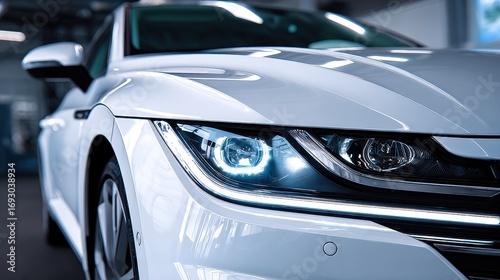 Detailed Close-Up of Modern White Vehicle's Front Light with Advanced LED Technology
