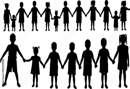 Collection of silhouettes of children holding hands of siblings
