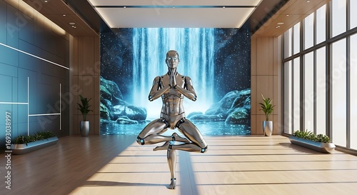 Futuristic yoga robot in meditative pose with nature background display