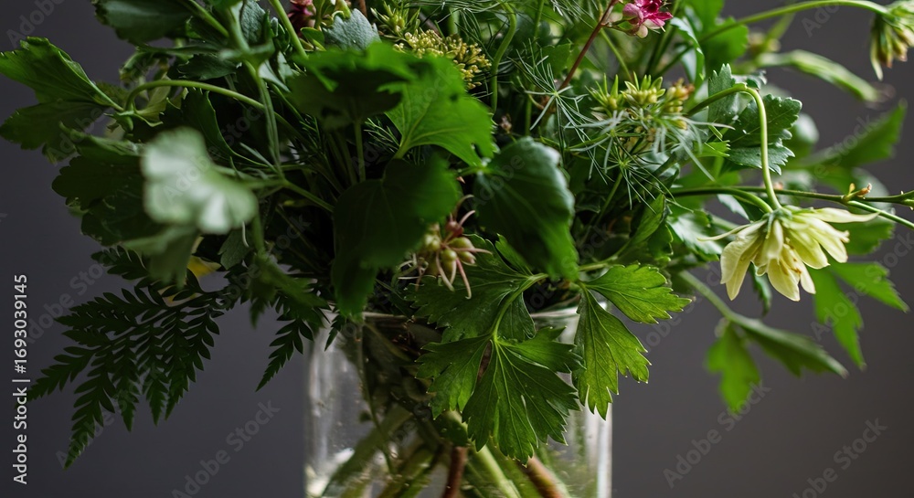 Fototapeta premium Green Bouquet in Glass Vase Fresh Leaves and Pale Flowers on Grey