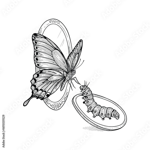 Butterfly and Caterpillar in Ornate Mirror Reflection  Transformation Metamorphosis Growth Concept