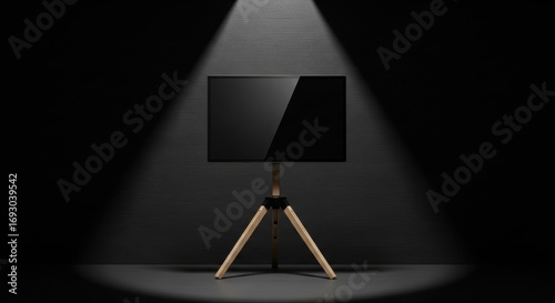 Modern TV on Wooden Tripod Stand, Presentation Display, Black Background