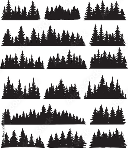 Silhouette of Forest of Christmas fir trees vector icon set illustration isolated on white background