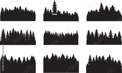 Silhouette of Forest of Christmas fir trees vector icon set illustration isolated on white background