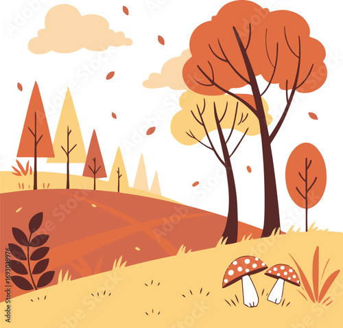 "Autumn Landscape with Trees, Mushrooms, and Falling Leaves – Vector Fall Scene"