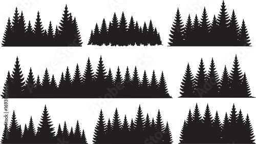Silhouette of Forest of Christmas fir trees vector icon set illustration isolated on white background