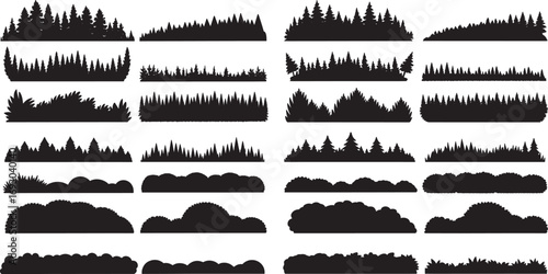 Seamless silhouette forest landscape with multiple rows of pine trees