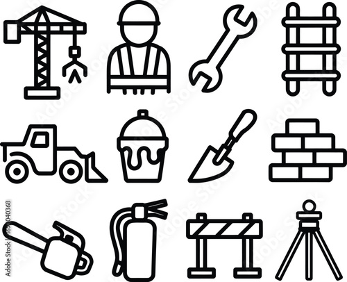 Collection of construction and building industry related icons and symbols