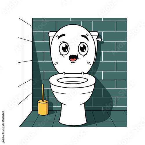 Cute Cartoon Toilet Character in Bathroom Clean Restroom Illustration