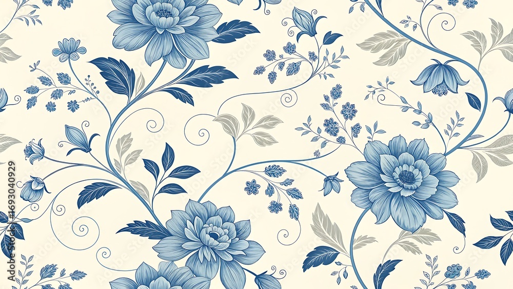 Fototapeta premium Elegant blue floral pattern with delicate vines and leaves