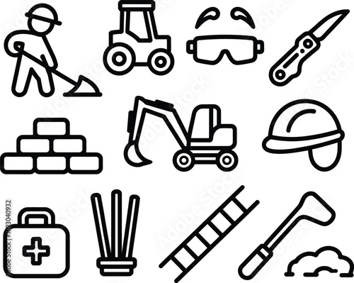 Construction icons tools equipment safety gear and building materials
