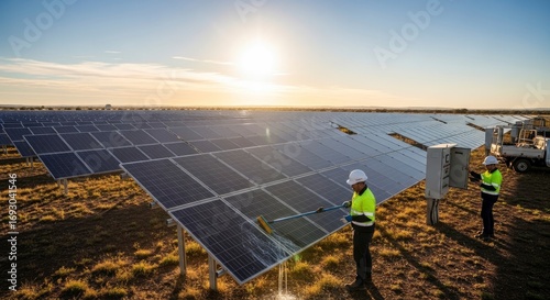 Workers service a solar farm one cleans a panel another inspects an electrical box under a bright sky