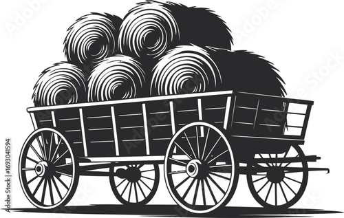 Black Silhouette Vector Illustration of a Hay Wagon: A Detailed Depiction of Agricultural Transport, Evoking the Essence of Farming and Rural Heritage