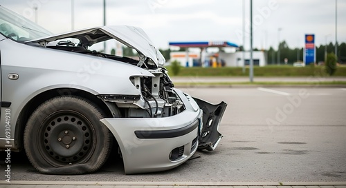 Damaged Silver Car After a Road Accident with Flat Tire