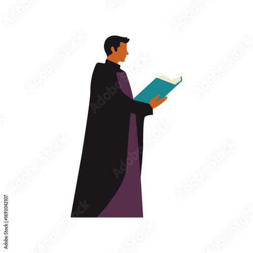 Clergyman in traditional robes reading a book during a religious service, promoting faith and spiritual guidance