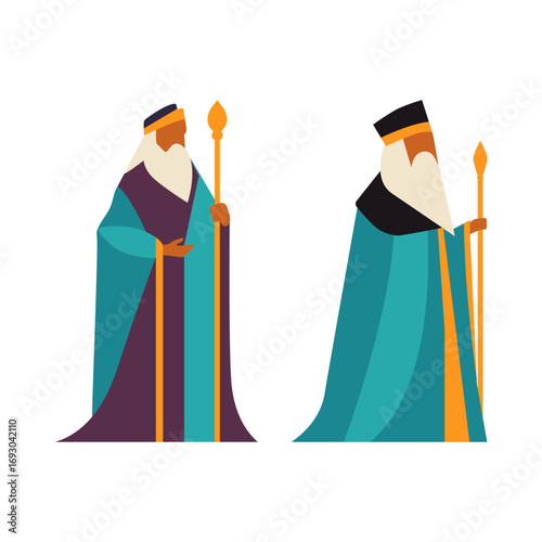 Two stylized wise men in vibrant robes holding staffs, perfect for holiday celebrations and religious themes