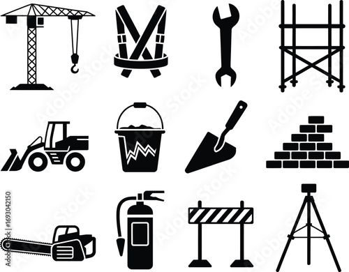 Collection of construction icons featuring tools equipment and vehicles