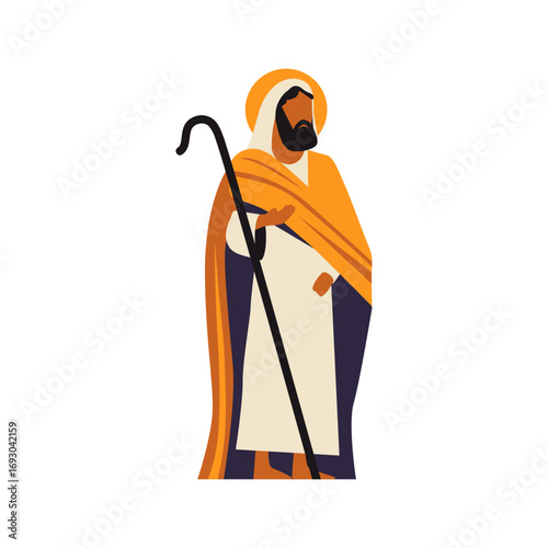 Wise figure with staff in vibrant robes, a symbol of guidance and faith, offering a sense of reverence and strength