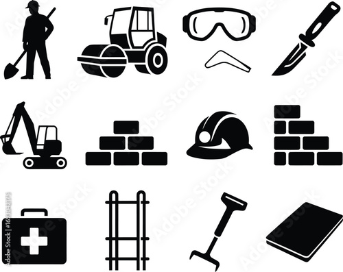 Construction worker tools and equipment icons set for building industry