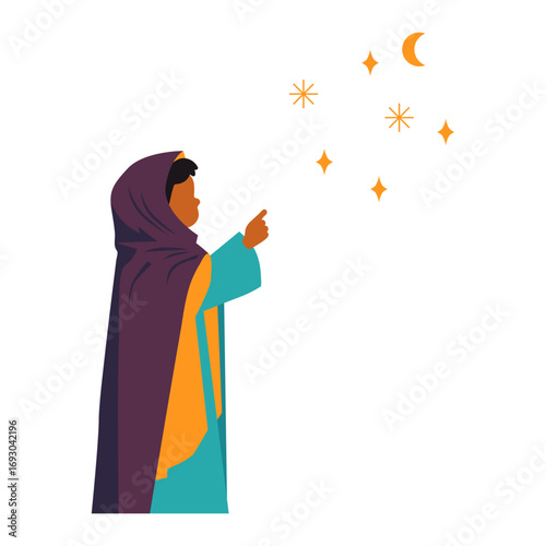Curious child points to a starry night sky filled with celestial wonders, symbolizing dreams and discovery