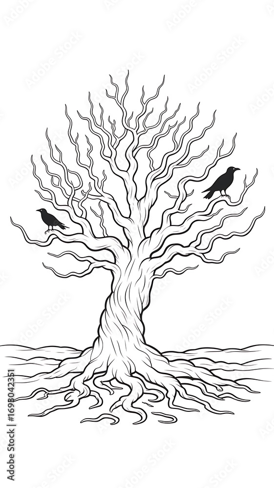 Naklejka premium Bare tree with roots and birds