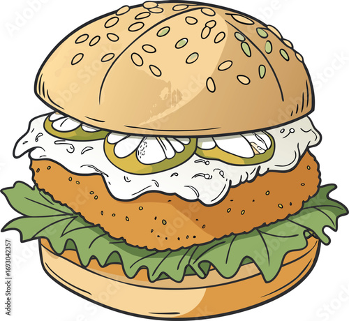 Crispy fish burger with tartar sauce and lemon slice vector illustration
