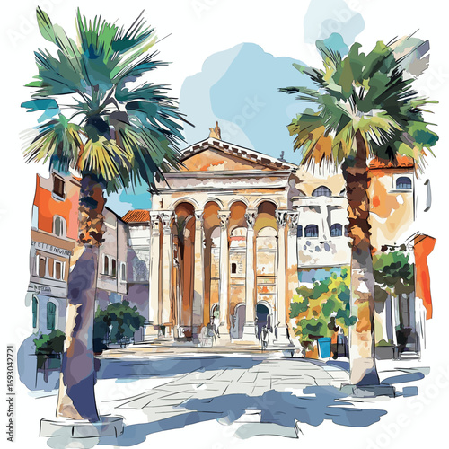 Diocletian's Palace. Diocletian's Palace watercolor vector illustration