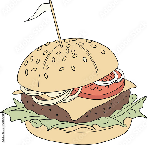 Delicious cheeseburger illustration with fresh ingredients and bold colors