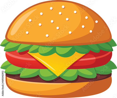 Delicious cheeseburger illustration with vibrant colors and classic fonts