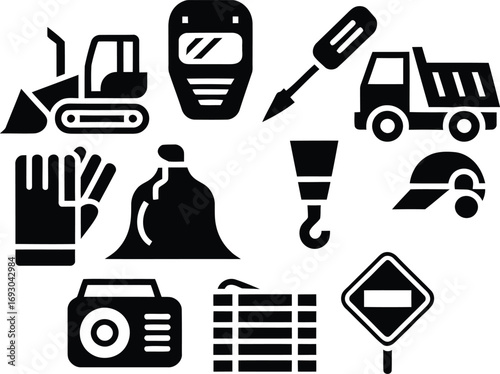 Collection of construction and industrial equipment and safety gear icons
