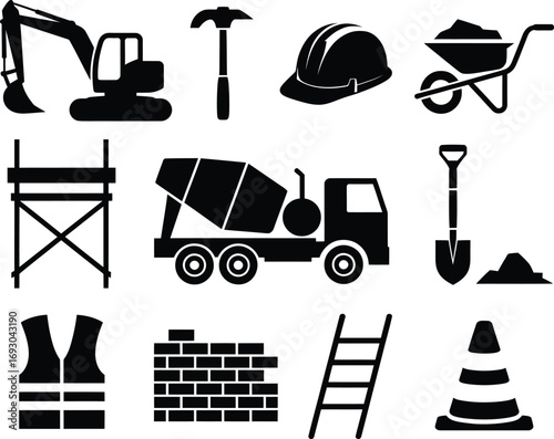 Construction site icons featuring heavy machinery safety gear and tools