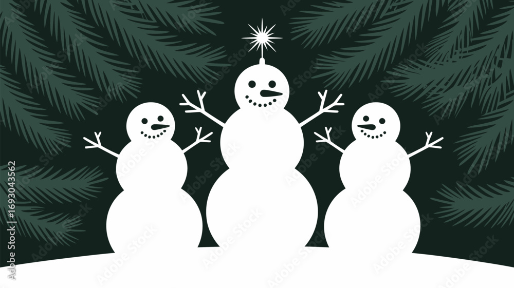Obraz premium Three cheerful snowmen stand together under dark evergreen branches, celebrating winter fun