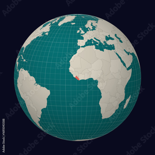 Republic of Liberia on the map. Globe centered to Liberia. Country location on the world map. Teal Pale Mint color palette. Globe with countries, meridians and parallels. Creative vector illustration.