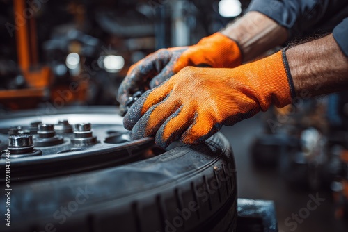 Skilled Technician Wearing Orange Mechanic Gloves Assembles Wheel on Vehicle