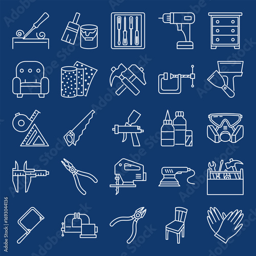 Carpenter woodworking tools icon set