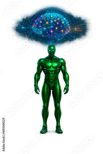 Futuristic green humanoid robot with holographic brain and neural network, artificial intelligence cyborg sci fi illustration, high tech digital concept, 4K stock image