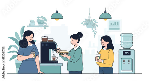 Flat style illustration of office workers enjoying coffee and snacks in a break room, symbolizing workplace relaxation, social interaction, and balance in a modern professional environment