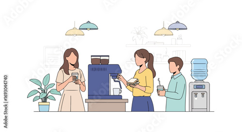 Flat style illustration of office workers enjoying coffee and snacks in a break room, symbolizing workplace relaxation, social interaction, and balance in a modern professional environment