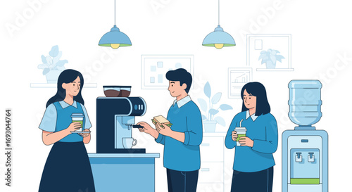 Flat style illustration of office workers enjoying coffee and snacks in a break room, symbolizing workplace relaxation, social interaction, and balance in a modern professional environment