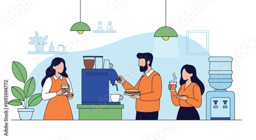 Flat style illustration of office workers enjoying coffee and snacks in a break room, symbolizing workplace relaxation, social interaction, and balance in a modern professional environment