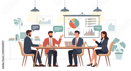 Flat style illustration of business professionals discussing charts and strategies in a meeting room, symbolizing teamwork, communication, planning, and corporate success