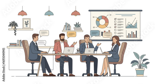 Flat style illustration of business professionals discussing charts and strategies in a meeting room, symbolizing teamwork, communication, planning, and corporate success